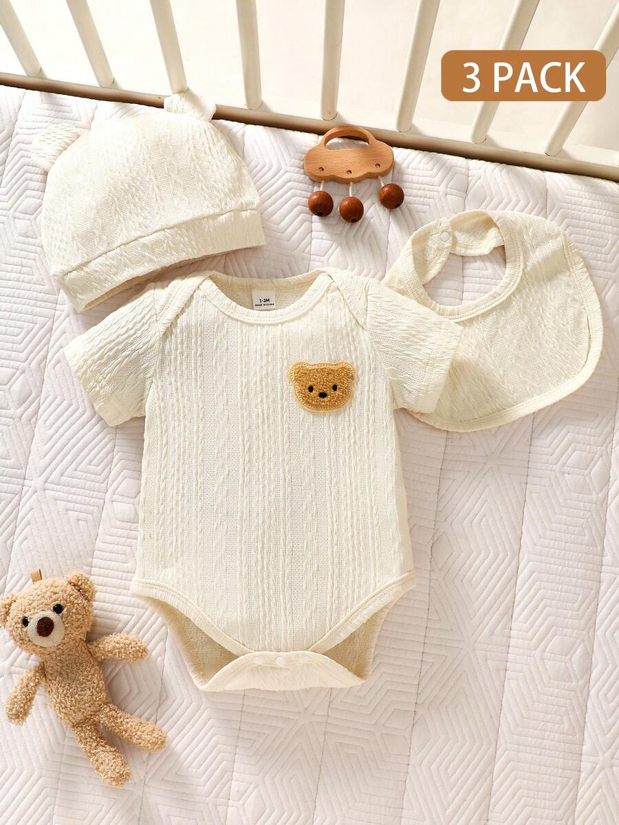 3件套新生儿小熊刺绣连体衣套装 - 米色 - 查看 1