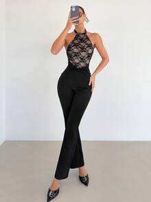 Siren Gaze 黑色蕾丝边露背吊带连体裤 - 黑色 - 查看 4
