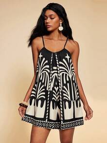 Travachic 女士印花无袖连体裤，适合春夏度假 - 黑與白 - 查看 5