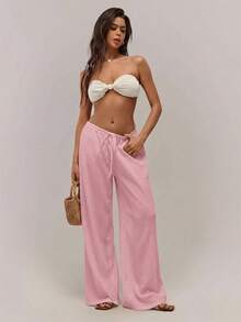 SHEIN Forever 21 女士纯色弹力腰抽绳宽松休闲裤 - 粉色 - 查看 4
