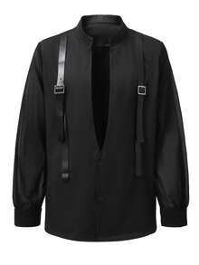 Manfinity AFTRDRK 男士纯色网眼拼接长袖衬衫，男士透视衬衫，男士黑色衬衫，男士透视衬衫，男士黑色上衣，适合日常休闲、周末旅行、户外活动、探险旅行、轻松的工作环境或半正式场合，可作为男友/丈夫礼物、周年纪念/生日礼物、派对、暑假、婚礼以及春夏穿着。 - 黑色 - 查看 2