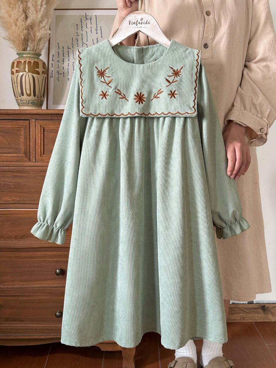 Vintaside Kids 女童卡其色艺术长袖套头连衣裙,领口饰有刺绣细节,A字廓形,适合外出、休闲穿着和生日派对。 - 綠色 - 查看 1