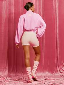GLOWMODE Modal Soft Warm Curved Bubble Hem Waist Length Oversized Ribbed Cuffs High Neck Pullover Sweatshirt Daily - Pink - View 7