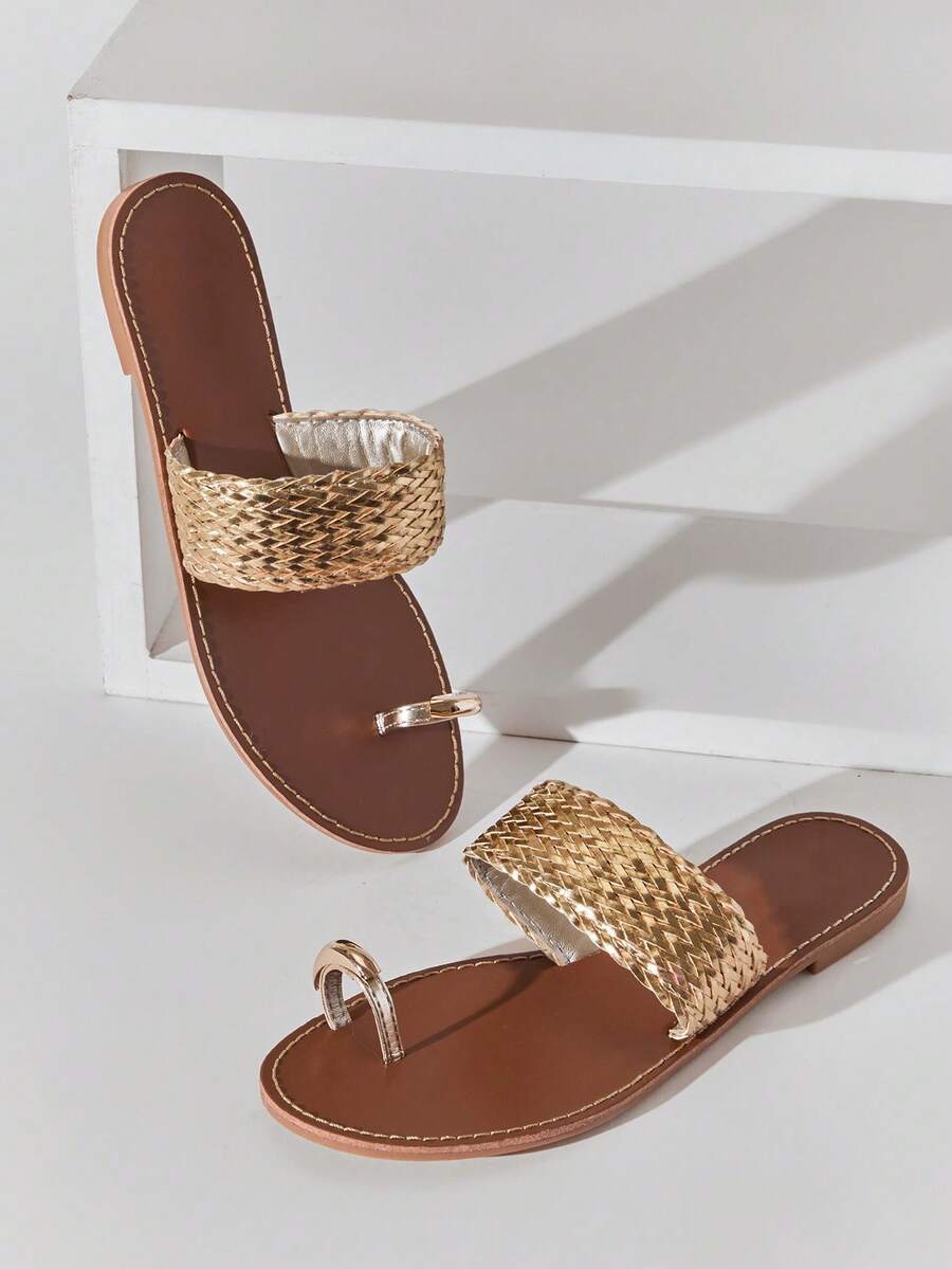 SHUZIA Anillo de dedo del pie dorado de moda para damas, sandalias planas con suela antideslizante, cómodas y con estilo, de puntera abierta, para primavera y verano, elegantes para vacaciones y playa - Dorado - Ver 1
