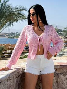 SHEIN Spring Lightweight Knitted Tie-Front Cardigan With Textured Diamond Pattern, Soft Baby Pink Color, Feminine Chic Layering Essential - Red - View 4