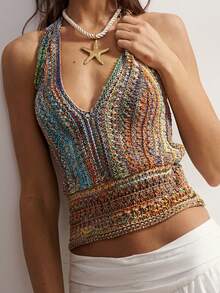 Bohemela Boho Spring/Summer Outerwear, Vintage Women's Tie-Neck Backless Colorful Sexy Patchwork Knit Sweater, Halter Knit Top, Versatile For Dates And Parties, Valentine For Women, Western Country Style Concert Party, Suitable For Beach Vacation & Daily Wear & Back To School & Going Out & Party, 2000s, Summer Holiday - Multicolor - View 6