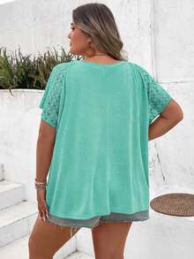 SHEIN CURVE+ Plus Size Color Block Lace Splicing Short Sleeve T-Shirt, Suitable For Beach Vacation In Summer Boho Vacation - Green - View 2