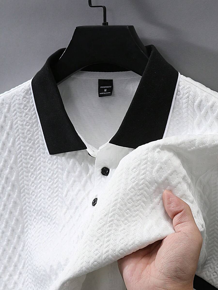 EGENSIO Men's Knitted Jacquard Textured Solid Color Ribbed Collar Polo Shirt - White - View 1