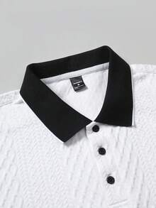 EGENSIO Men's Knitted Jacquard Textured Solid Color Ribbed Collar Polo Shirt - White - View 7