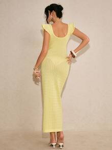 Poéselle New Slim-Fit Delicate French Style Knit Dress With Flutter Sleeves, Elegant & Intellectual, Light Yellow, Spring/Summer - Yellow - View 6