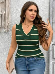 SHEIN LUNE Plus Size Women V-Neck Striped Knit Vest,Summer Outfits For Boho Old Money Spring Break Rave Festival - Dark Green - View 6