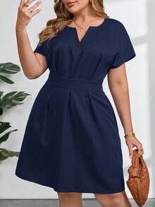 SHEIN Clasi Đầm hè thanh lịch cỡ lớn, màu trơn, cổ chữ V, có thắt lưng dành cho phụ nữ - Màu xanh hải quân - Xem 6
