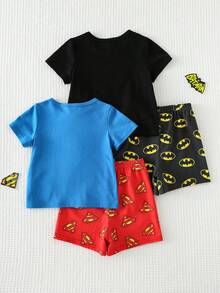 SUPERMAN X Cozy Pixies 4 قطع طقم ملابس علوية كم قصير رقبة طاقم وشورت خصر مطاطي بنمط طفل ولد ناعم المنسوج - الأحمر - مشاهدة 3