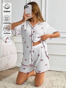 SHEIN Bộ đồ nữ bằng cotton 2 mảnh, dệt kim gân, chi tiết viền bèo tây, màu trắng tương phản, họa tiết tươi tắn, cài cúc phía trước, tay ngắn, đường may tinh tế. - trắng - Xem 3