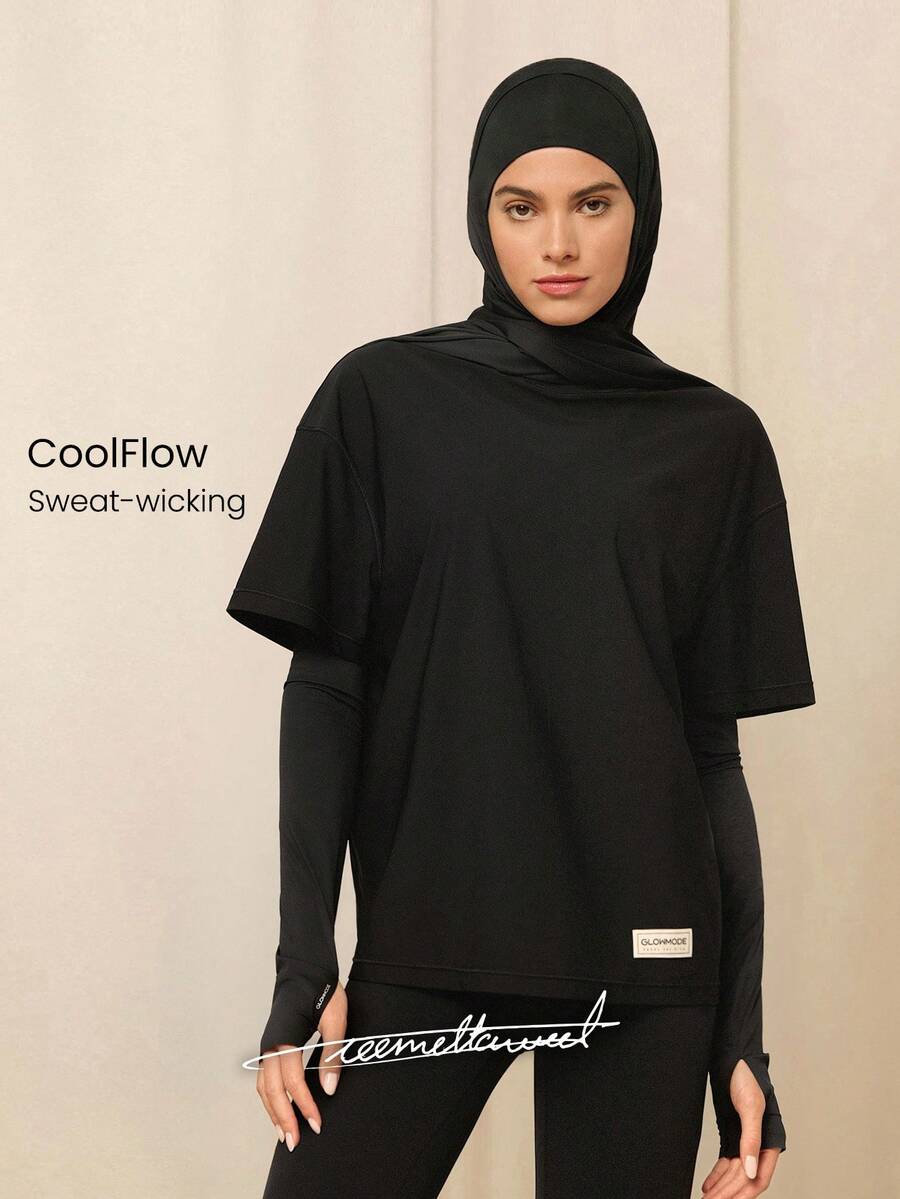 GLOWMODE X Reem Modest Big Easy Cooling Moisture-Wicking Quick-Dry Relaxed Fit Hip Length Crewneck T-Shirt Gym Workout Studio Daily Casual Wear - Black - View 1