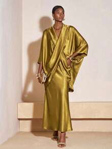 Zivah 新款春夏通勤优雅宽松芥末黄交叉廓形上衣+缎面半裙两件套，适合情人节、约会、派对、聚会、节日、度假、休闲风、海滩、海边、音乐会、日常出行、新年、狂欢、早午餐、婚礼宾客、婚礼季等场合，休闲百搭。 - 芥末黃 - 查看 5