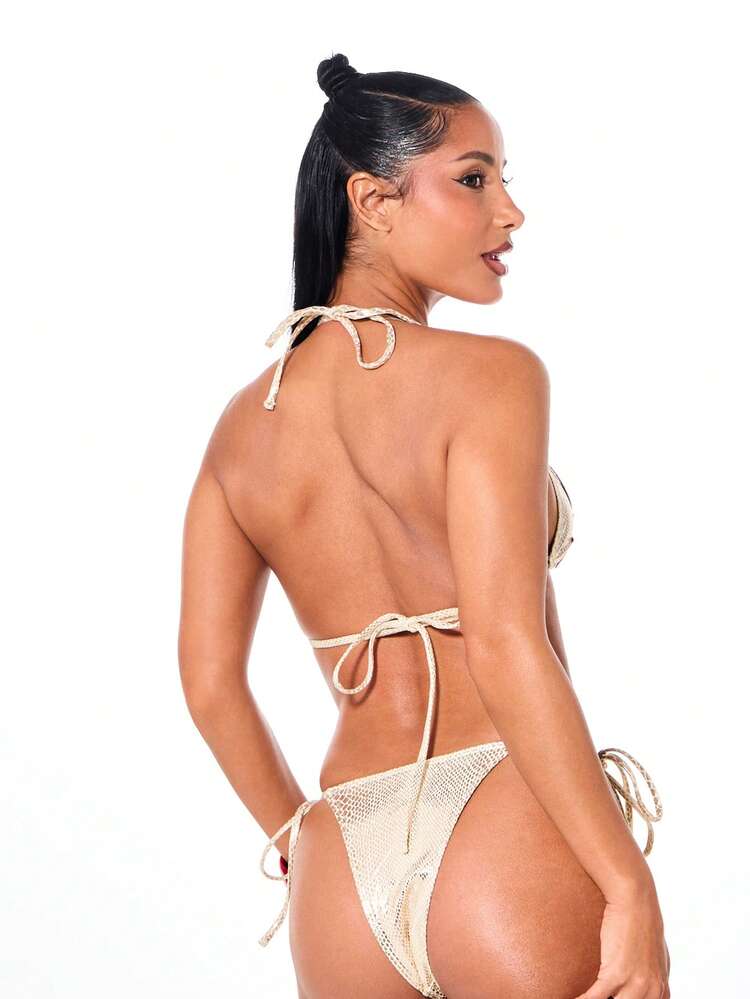 SUMWON Metallic Badge Patch Bikini Set With Triangle Top And Side Tie Bottoms Summer Swimwear Two Piece
