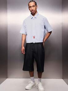 PLAYBOY X SUMWON Men's Cropped Button Down Shirt With Pinstripe Pattern And Bunny Embroidery Short Sleeve Collared Top - Blue and White - View 3