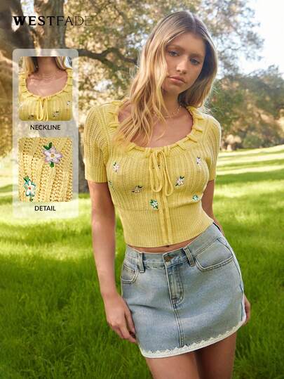 WESTFADE 圆领蝴蝶结短袖花卉刺绣混针针织上衣，适合冬季、度假、春季穿着，休闲可爱，展现纳什维尔牛仔风情，适合度假、波西米亚风、西部风情等场合。