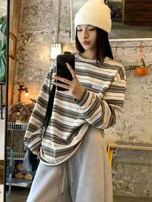 DAZY 女士条纹圆领落肩长袖休闲宽松T恤 - 綠色 - 查看 3