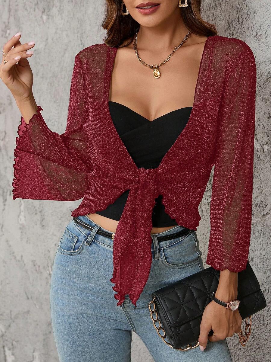 SHEIN Clasi Áo khoác voan mỏng tay bồng thắt nơ dành cho nữ - Màu Đỏ Sâu - Xem 1