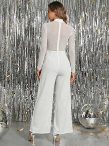 SHEIN Clasi Women's Elegant Party Sparkling Sexy Front Rhinestone Mesh Patchwork Long Sleeve Wide Leg Jumpsuit With Rhinestone Decor - White - View 2