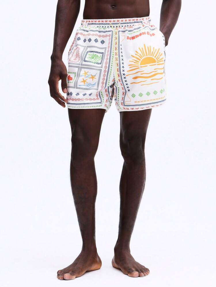 Patchwork Print Beach Swim Shorts With Elastic Waistband