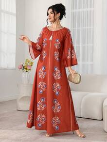 SHEIN Najma 印花束腰连衣裙 - 珊瑚橙 - 查看 4