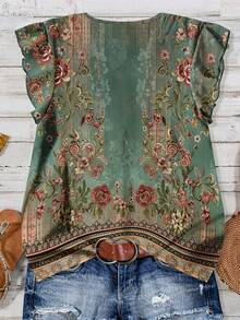 EMERY ROSE 大码女装日常休闲度假V领小飞袖假日风夏季优雅欧式复古碎花宽松衬衫女装夏季服装女装度假服装 - 綠色 - 查看 2