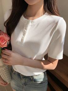 DAZY Solid Color Casual Half-Placket Fitted Short Sleeve Commuter Short Sleeve T-Shirt, Spring/Summer - White - View 6