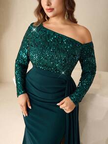 Coutiva 大码优雅亮片拼接不对称领正式晚礼服 - 墨綠色 - 查看 6