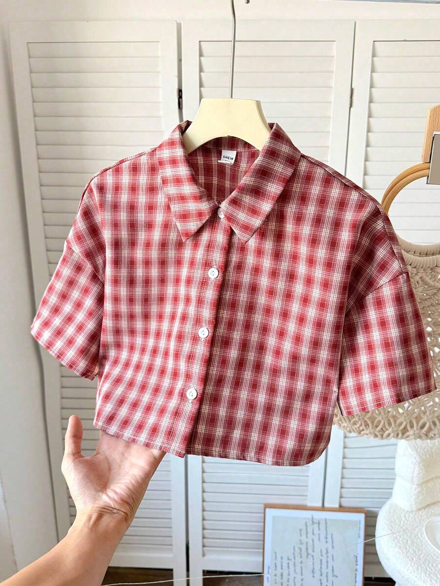 SHEIN 休闲百搭可爱红色格子宽松短袖衬衫 - 紅色 - 查看 1