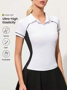 Gameset SHEIN Sport 女士简约撞色插肩袖高尔夫Polo衫，夏季 - 黑與白 - 查看 1
