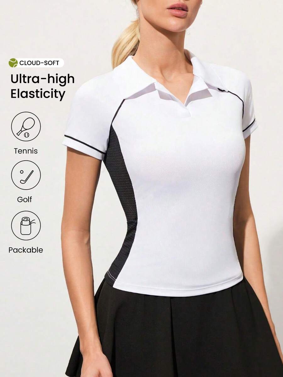 Gameset SHEIN Sport 女士简约撞色插肩袖高尔夫Polo衫,夏季 - 黑與白 - 查看 1