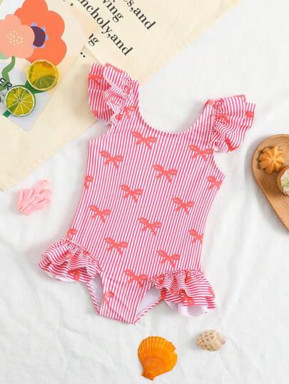 SHEIN Beachwear Baby (Girl) Swimsuit Cute Multi Colored Bow Printed Knitted Fabric One-Piece Swimsuit Lotus Leaf Fly Edge Fashionable Casual Exquisite Gorgeous Lady Suitable For Swimming Suitable For Summer Vacation Beach Beach Swimming Pool Summer Party Leisure Vacation Baby Clothes Girl Flounce Sleeve Baby Ruffle Romper Strawberry Bathing Suit For Baby Baby Girls Bodysuits Baby Girl Clothes Summer