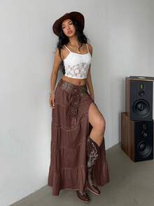 Siren Gaze 2025 波西米亚风沙滩裙 - 高开衩亚麻混纺多层长裙，松紧腰带，蕾丝边饰，音乐节必备及度假穿搭 | 夏季A字裙套装，女士夏季穿搭，女士度假穿搭，女士沙滩装，棉质半身裙，波西米亚风半身裙，多层长裙，长裙，波西米亚风长裙，夏季长裙，女士半身裙，女士度假套装，棉质女装，波西米亚风套装，女士夏季穿搭，女士两件套休闲装 - 棕色 - 查看 6