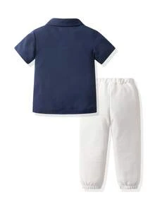 SHEIN Setelan Kemeja Polo Lengan Pendek dan Celana Panjang Motif Garis-garis dan Bordir Kasual untuk Anak Laki-Laki, Cocok untuk Musim Semi, Musim Panas, dan Musim Gugur. - Navy Blue - View 2