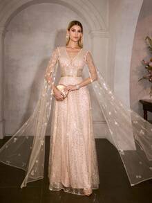 MOTF PREMIUM VESTIDO FORMAL DE MUJER NUEVO DE COLOR ALBARICOQUE CON CAPA DE MALLA BORDADA, VESTIDO LARGO CON CUELLO EN V PROFUNDO Y CINTURA CEÑIDA, VESTIDO DE NOCHE DE ESTILO DE PASARELA DE LUJO - Albaricoque - Ver 6