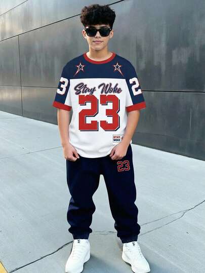 青少年男童休闲简约时尚经典Y2K风格英文字母23号运动撞色宽松舒适圆领短袖T恤和裤子套装