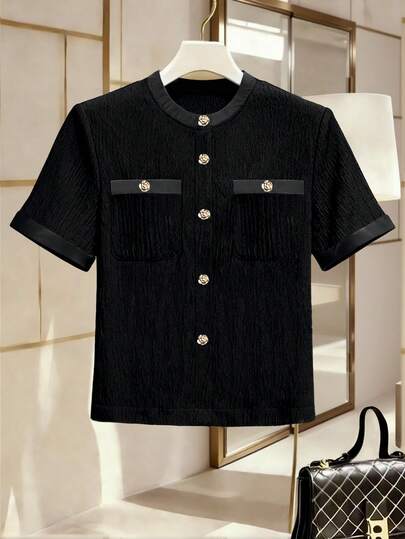 Franclia 手工纽扣，女士优雅通勤针织纹理撞色缎面玫瑰装饰纽扣修身圆领短袖开衫