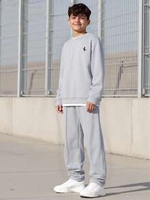 Vacaura 2pcs/Set Teenage Boys' Gray Sweatshirt And Sweatpants Set,Winter Y2k Graduation Back-To-School Fashionable Floral Soft Comfortable Outdoor Sports - Grey - View 1