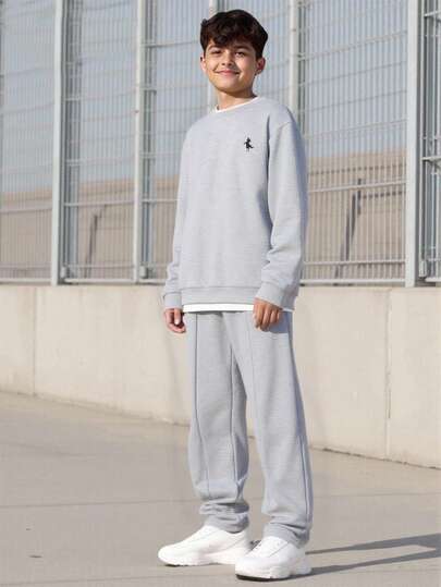 Vacaura 2pcs/Set Teenage Boys' Fashionable Floral Gray Sweatshirt And Matching Sweatpants Set, Soft Fabric, Comfortable, Suitable For Outdoor Sports, Photography, School, Outings, And Various Occasions