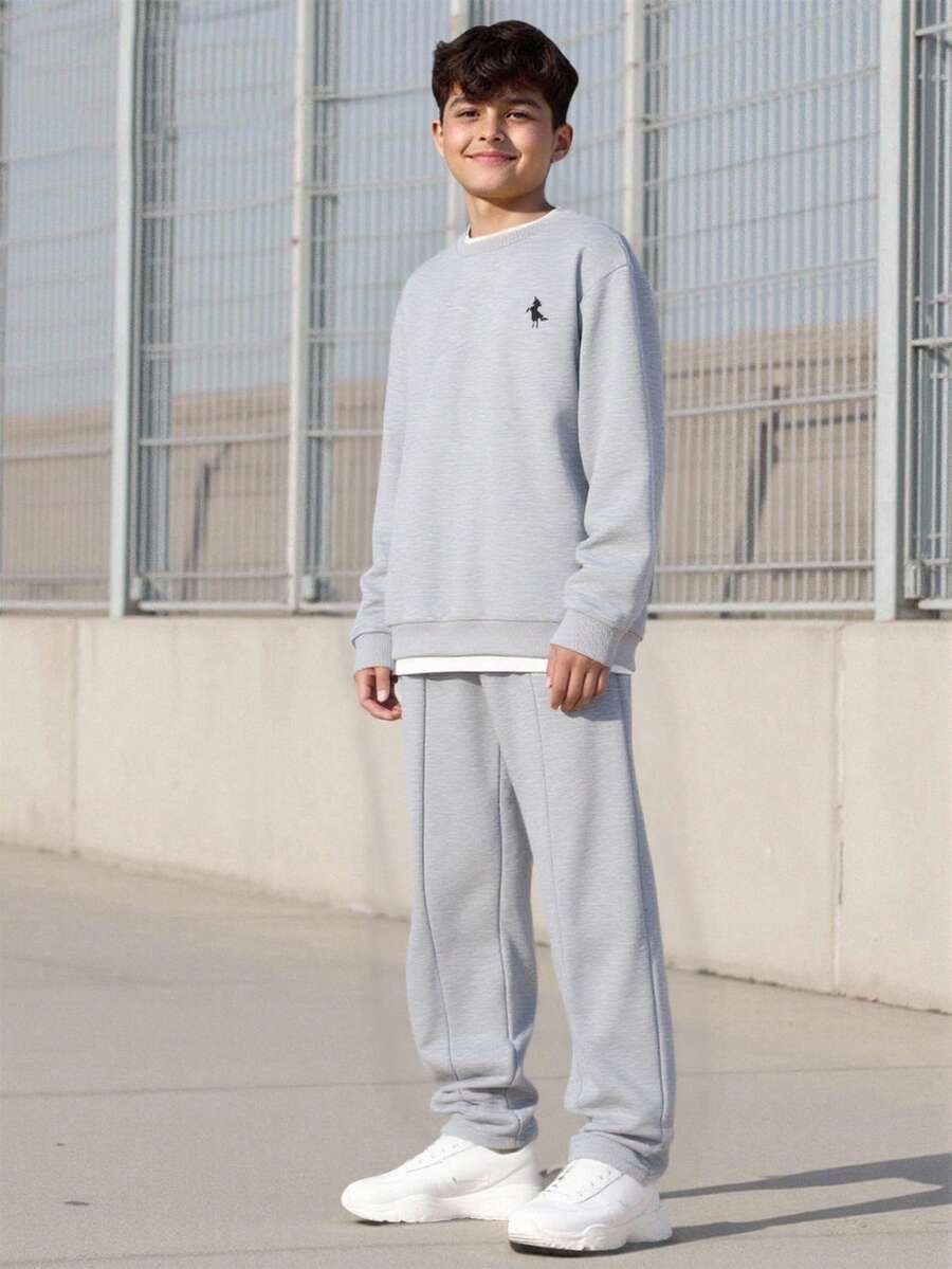Vacaura 2pcs/Set Teenage Boys' Gray Sweatshirt And Sweatpants Set,Winter Y2k Graduation Back-To-School Fashionable Floral Soft Comfortable Outdoor Sports - Grey - View 1