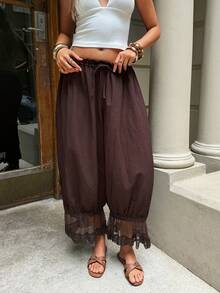 Serisse 女士抽绳腰带蕾丝拼接休闲百搭日常裤 - 棕色 - 查看 4