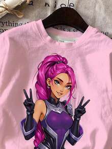 SHEIN 2pcs/Set Young Girl Casual K-Pop Cartoon Character Print, K-Pop Style Printed Clothes, K-Pop Cartoon Figures 2-Piece Set, Pink & Black Matching, Korean Wave Fan Gift, Music, Concert, Fashionable Girls Children Clothing, Boys & Girls Kimetsu No Yaiba Kids Girls Character Shirts Anime Girl Shirt - Multicolor - View 4