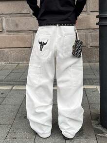 STEELVANCE Streetwear Casual Loose Fit Letter & Bull Head Print Rivet Design Straight Leg Jeans - White - View 2