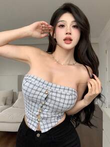 DAZY 女士格子不对称下摆抹胸上衣，单排扣设计，性感女士上衣，外出上衣，露脐上衣 - 黑與白 - 查看 3