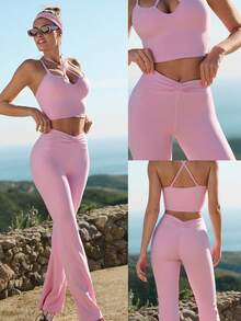 GLOWMODE 31" FeatherFit™ Cheeky Flare Buttery-Soft Sweat-Wicking Stretchy Adjustable Drawstring Waist Peekabum Design Flare-Leg Leggings Low Impact Yoga Pilates Studio Gym Daily Active Wear - Pink - View 7