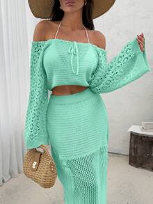 EURMUSE Conjunto de 2 piezas de top de punto con hombros descubiertos y falda midi de punto, conjunto de playa coordinado - verde menta - Ver 8