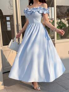 Feyla New Arrival Spaghetti Strap Off-Shoulder Pleated Romantic Ruffle Waist Elegant A-Line Cocktail Party Dress - Blue - View 6